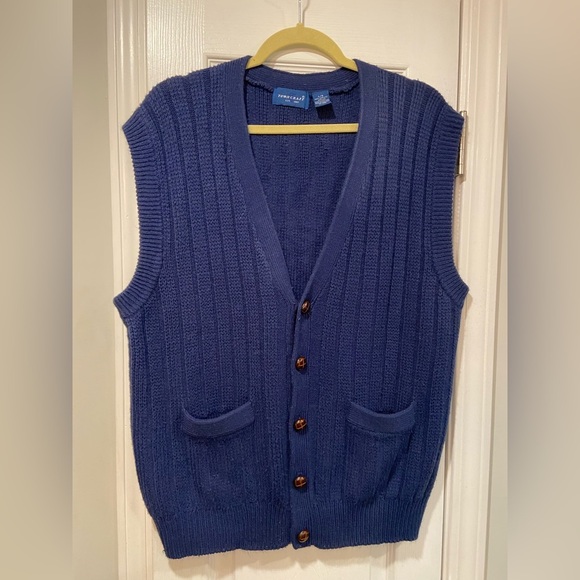 Towncraft Navy Blue Ribbed Knit V Neck Sweated Vest Leather Like Buttons Size L - Picture 1 of 10